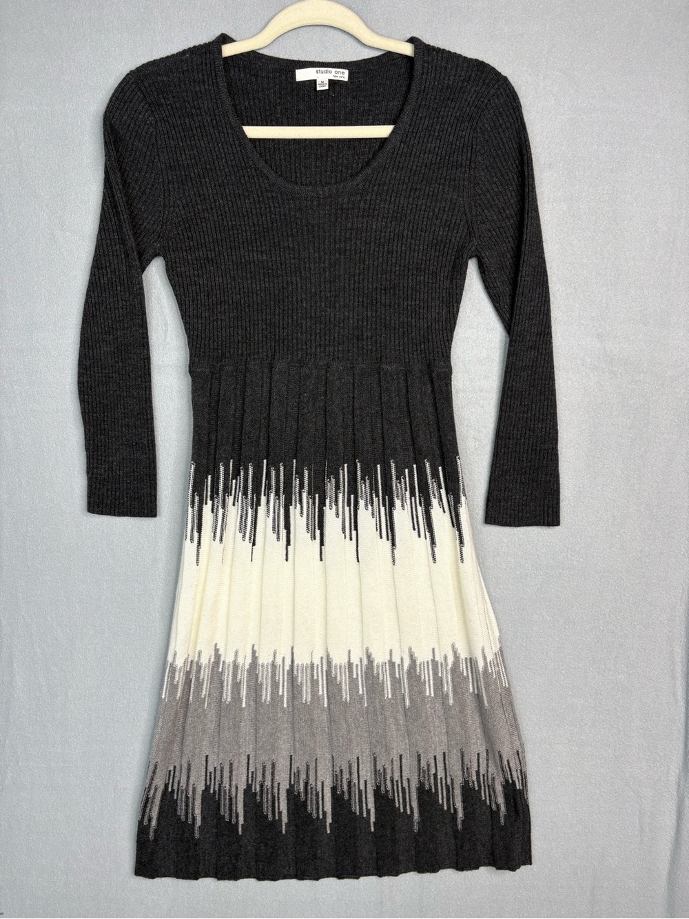 Studio One Charcoal, Ivory & Gray Long Sleeve Knit Midi Dress